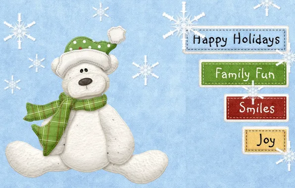 Картинка снежинки, улыбка, надписи, праздник, семья, мишка, веселье