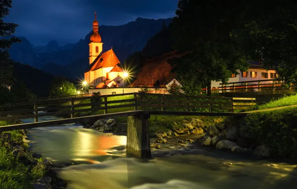 Ночь, мост, река, Германия, Бавария, церковь, Germany, Bavaria