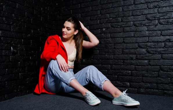 Girl, brunette, stylish, red jacket