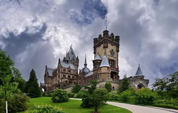 Картинка облака, замок, Германия, башни, Drachenburg Castle