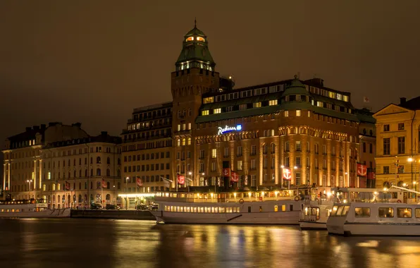 Ночь, город, река, фото, дома, Швеция, Stockholm