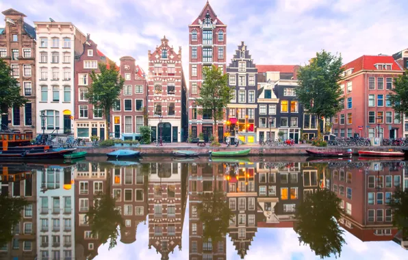 Картинка Дома, Отражение, Амстердам, Лодки, Каналы, Нидерланды, Amsterdam, Netherlands