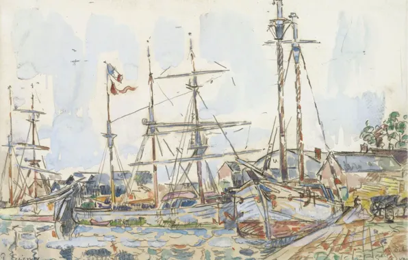 Рисунок, корабль, акварель, 1929, Поль Синьяк, Paul Signac, Порт Сен-Серван