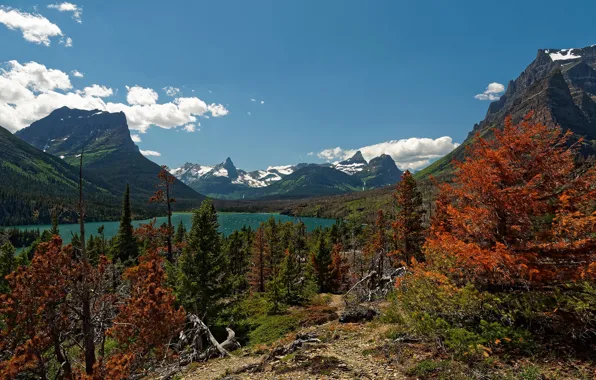 Осень, небо, деревья, горы, природа, озеро, США