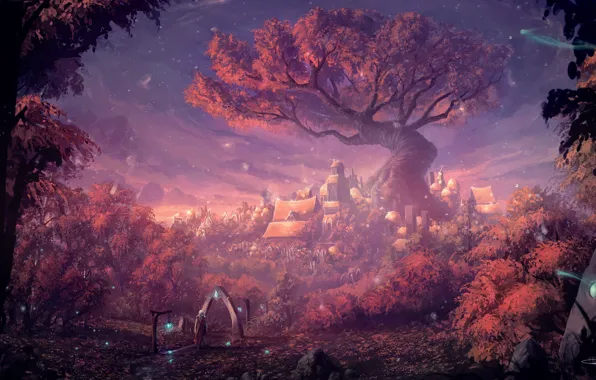 Картинка лес, ворота, поселение, Fantasy Forest City