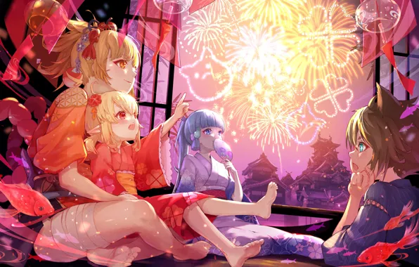 Дети, девушки, эльфы, фейерверки, Genshin Impact, Yoimiya, Kamisato Ayaka, Klee