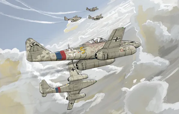 Картинка небо, облака, рисунок, истребитель, реактивный, Messerschmit, Luftwaffe, Schwalbe