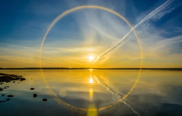 Картинка солнце, озеро, отражение, гало
