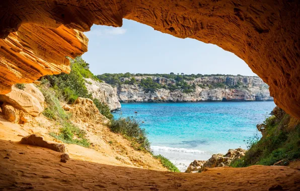 Море, берег, арка, грот, Mallorca, park Mondrago