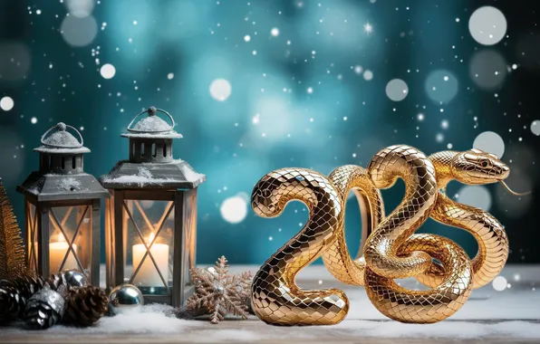 Снег, украшения, елка, цифры, Новый год, golden, new year, snake