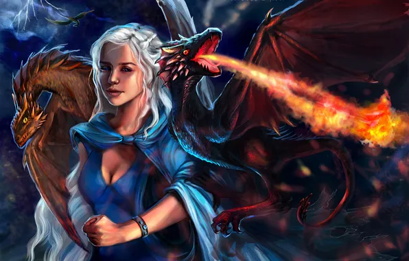 Картинка девушка, огонь, драконы, арт, белые волосы, Game of Thrones, Daenerys Targaryen