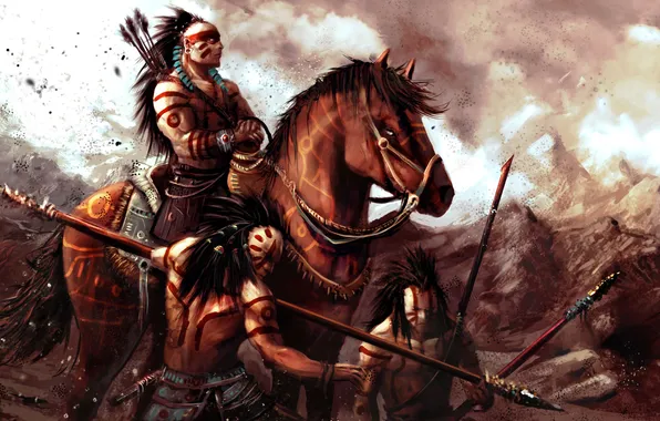 Картинка арт, всадник, воины, индейцы, копья