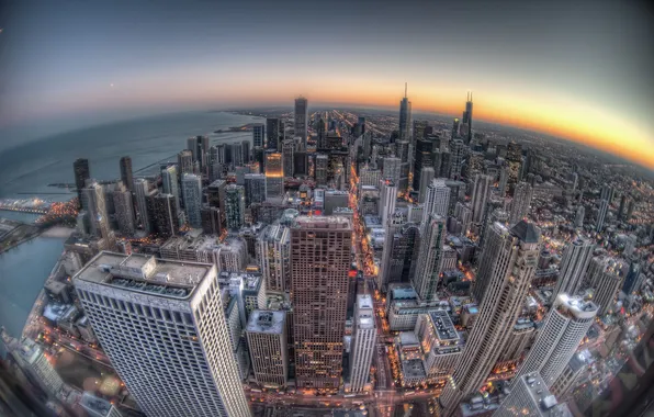 Картинка закат, здания, Чикаго, Chicago, небоскрёбы