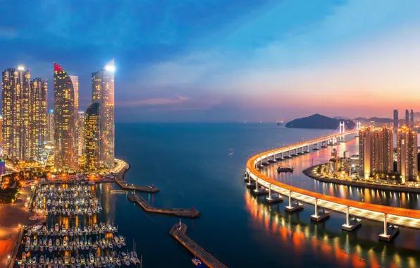 Картинка море, закат, мост, здания, порт, ночной город, небоскрёбы, South Korea
