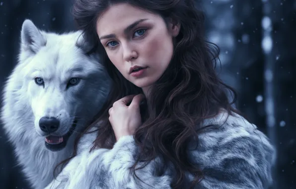 Девушка, снег, белый волк, нейросеть