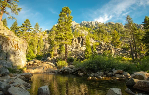 Картинка деревья, горы, озеро, камни, скалы, Калифорния, США, Eagle Creek