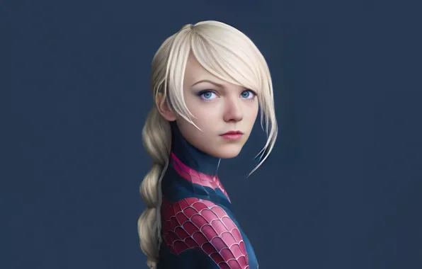 Блондинка, коса, голубые глаза, комиксы, красивая девушка, Marvel Comics, Gwen Stacy, темно серый фон