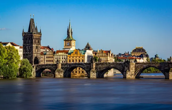 Картинка река, Прага, Чехия, Влтава, Карлов мост