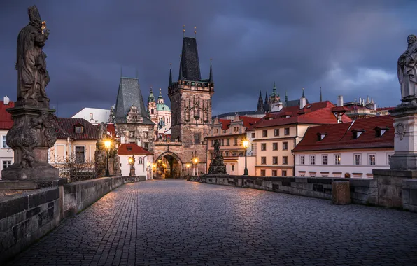 Мост, здания, дома, Прага, Чехия, башни, статуи, Prague