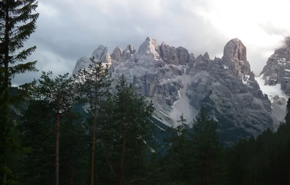 Картинка небо, деревья, горы, тучи, природа, скалы, Dolomites, Доломиты