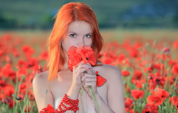 Грудь, лето, девушка, секси, модель, маки, red, рыжая