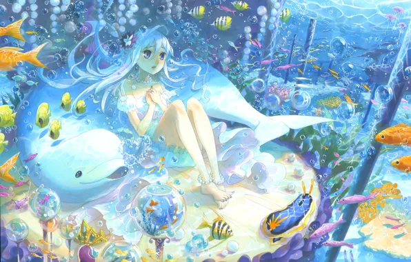 Рыбы, дельфин, пузырьки, арт, девочка, под водой, kyouya kakehi