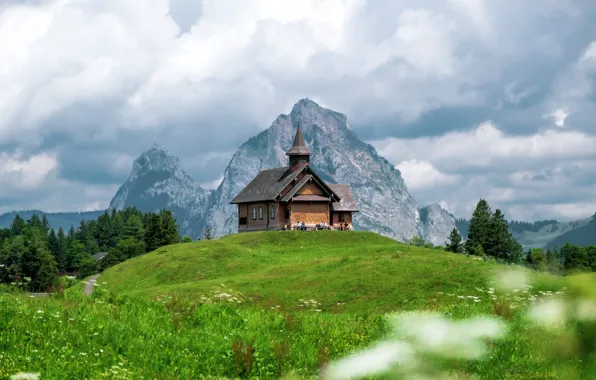 Картинка Альпы, House, Switzerland, церковь, Stoos, Щвейцария, Grassland, Bergkapelle