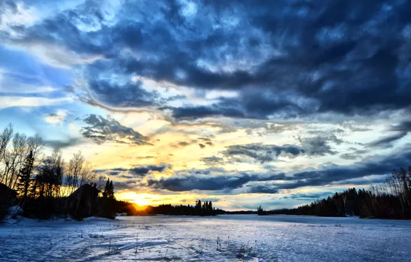 Canada, river, sunset, winter, lake, snow, frozen
