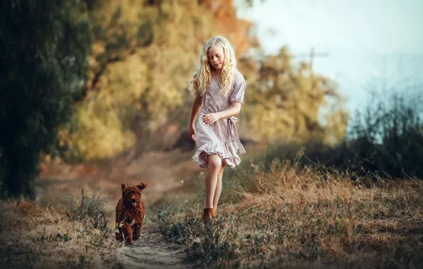 Картинка собака, девочка, прогулка