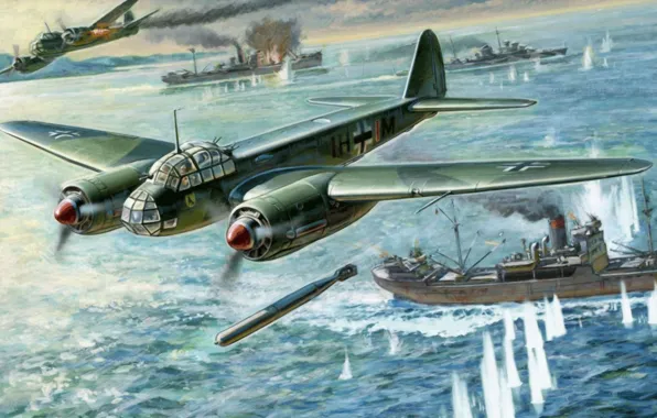 Картинка painting, German IIWW Naval-Bomber, Junkers Ju 88A-17/A-5, aviation, art