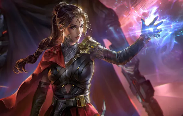 Картинка magic, armor, long hair, artwork, warrior, fantasy art, fantasy girl, heterochromia