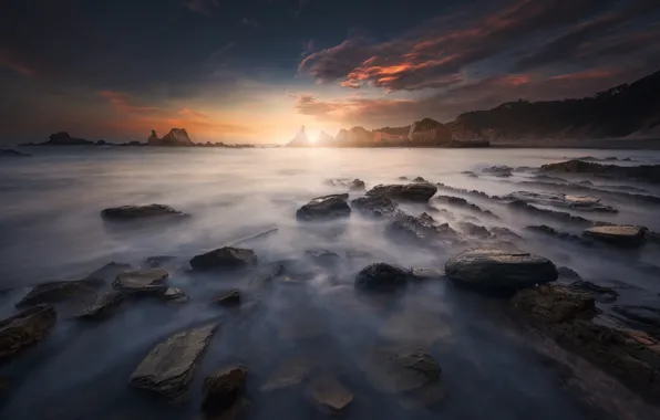 Картинка море, солнце, камни, скалы, Испания
