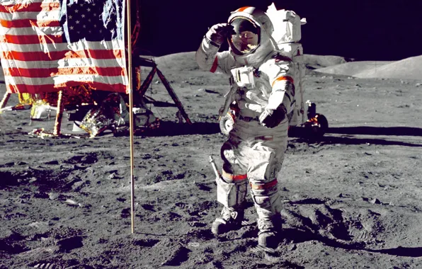 Картинка космос, поверхность, Луна, флаг, американцы, NASA, снимок, астронавт