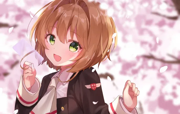 Улыбка, весна, лепестки, девочка, Card Captor Sakura, Сакура - собирательница карт