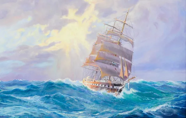 Море, волны, корабль, парусник, Adolf Bock