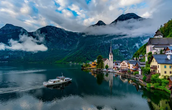Облака, горы, озеро, Австрия, Hallstatt