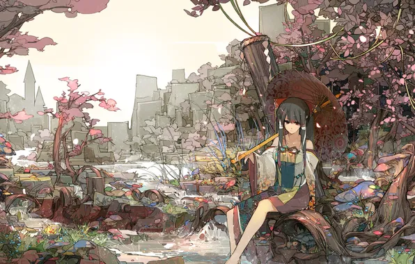 Картинка вода, девушка, деревья, город, зонтик, аниме, арт, кимоно