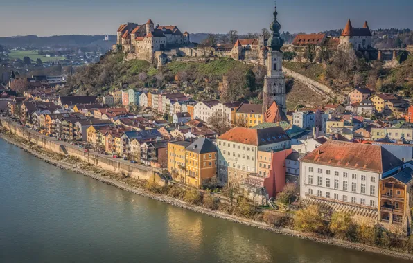 Река, замок, здания, дома, Германия, Бавария, Germany, Bavaria