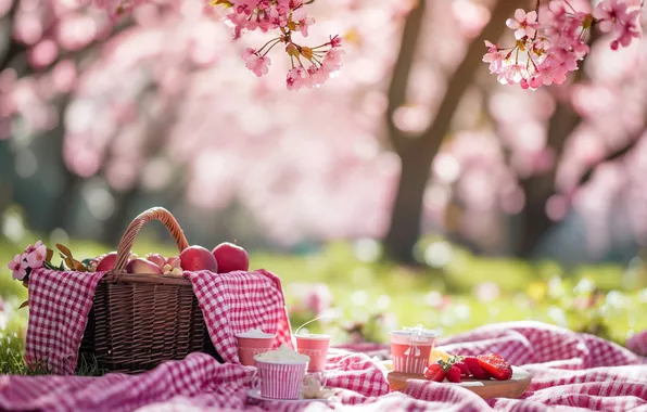 Деревья, парк, весна, сакура, пикник, цветение, trees, pink