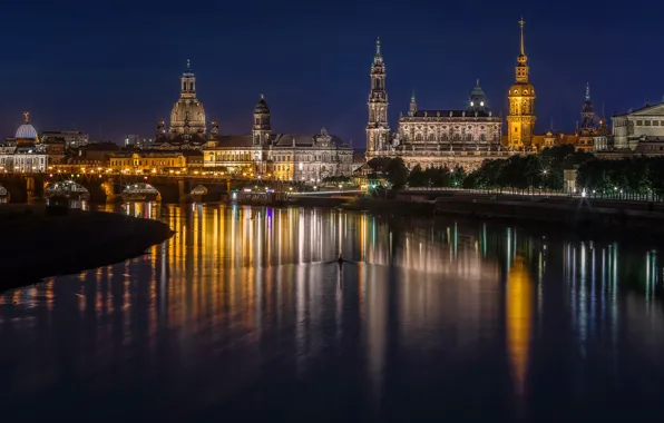 Ночь, мост, огни, река, здания, дома, Германия, Дрезден