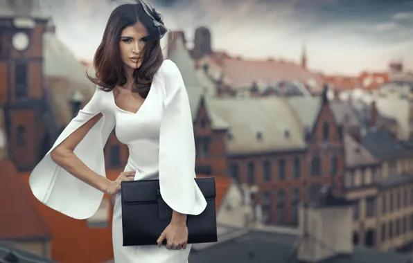 Картинка девушка, город, платье, шляпка, hat, city girl dress