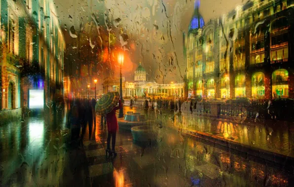 Картинка осень, девушка, город, огни, зонтик, улица, дома, Санкт Петербург