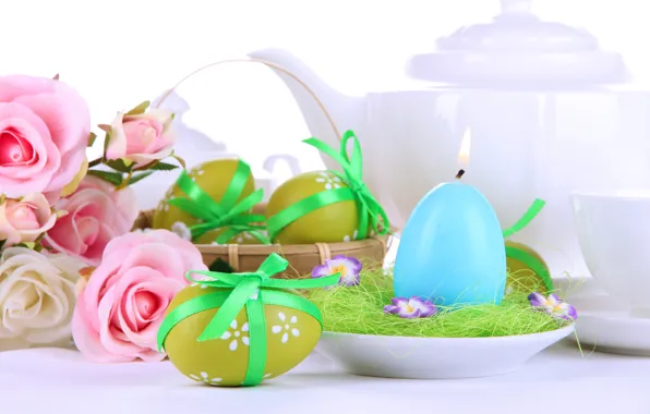 Картинка цветы, праздник, розы, свеча, яйца, весна, чайник, Пасха