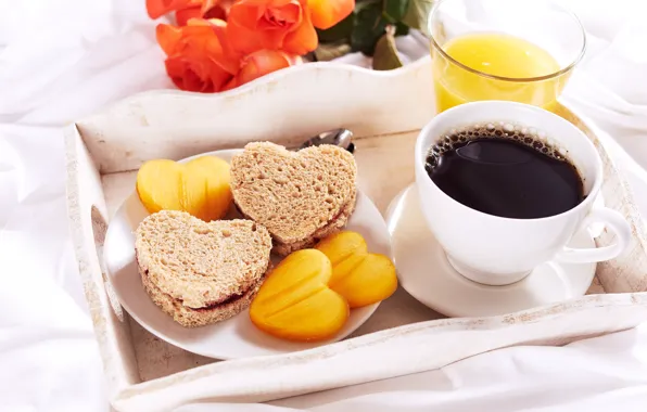 Картинка кофе, завтрак, сок, поднос, тосты