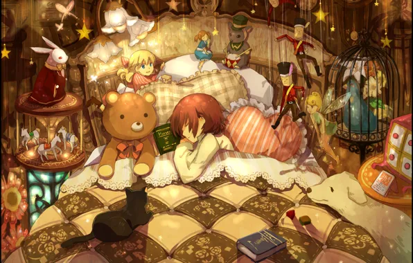 Животные, игрушки, кровать, подушки, мальчик, девочка, книжки, много
