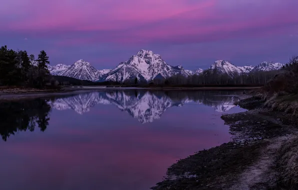 Картинка горы, отражение, река, рассвет, утро, Вайоминг, Wyoming, Grand Teton National Park