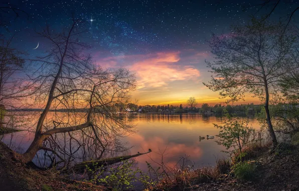 Картинка небо, звезды, деревья, отражение, река