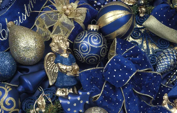 Картинка зима, шарики, игрушки, Новый Год, Рождество, бант, Christmas, синие