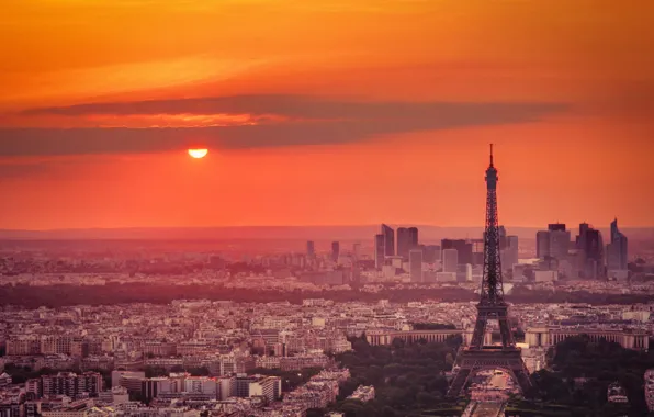 Закат, город, Париж