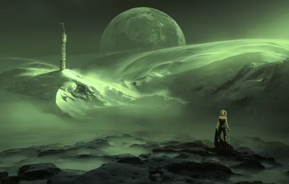 Картинка небо, девушка, космос, снег, горы, пространство, зеленый, туман